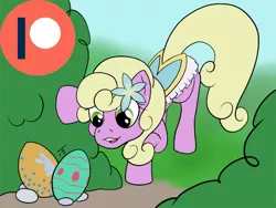 Size: 600x450 | Tagged: safe, artist:tunrae, derpibooru import, spring forward, earth pony, pony, advertisement, background pony, bush, clothes, easter, easter egg, female, flower, holiday, image, patreon, patreon logo, png, solo