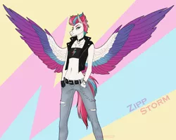 Size: 1500x1200 | Tagged: safe, artist:dementra369, derpibooru import, anthro, pegasus, g5, abstract background, belly button, belt, chains, choker, clothes, ear piercing, earring, female, gloves, image, jacket, jeans, jewelry, midriff, necklace, pants, piercing, png, solo, spread wings, text, torn clothes, wings, wristband, zipp storm