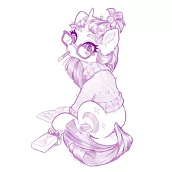 Size: 1280x1280 | Tagged: safe, artist:dstears, derpibooru import, moondancer, pony, unicorn, cute, digital art, female, food, glasses, image, jpeg, looking back, mare, mouth hold, pocky, simple background, solo, white background