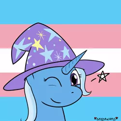 Size: 1000x1000 | Tagged: safe, artist:skydreams, derpibooru import, trixie, pony, unicorn, bust, clothes, dead meme, female, hat, image, jpeg, mare, one eye closed, politics, portrait, pride, pride flag, smiling, stars, trans female, trans trixie, transgender, transgender pride flag, trixie's hat, wink