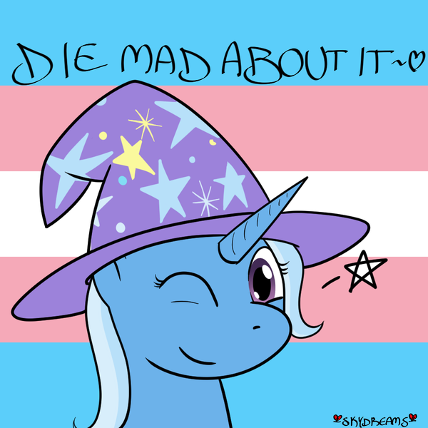 Size: 1000x1000 | Tagged: safe, alternate version, artist:skydreams, derpibooru import, trixie, pony, unicorn, bust, clothes, female, hat, heart, image, mare, one eye closed, op is trying to start shit, png, portrait, pride, pride flag, smiling, stars, trans female, trans trixie, transgender, transgender pride flag, trixie's hat, wink