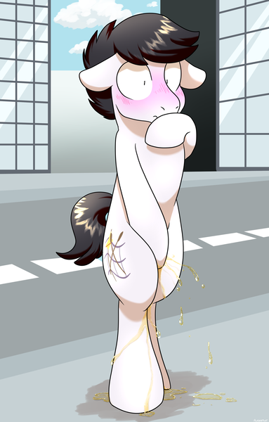 Size: 2288x3582 | Tagged: questionable, artist:auroramint, derpibooru import, oc, oc:wild tempo, earth pony, pony, accident, desperation, fetish, humiliation, image, male, need to pee, omorashi, png, potty emergency, potty time, solo, stallion, urine, watersports