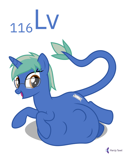 Size: 4000x5000 | Tagged: safe, artist:parclytaxel, derpibooru import, oc, oc:nova spark, unofficial characters only, monster pony, original species, pony, tatzlpony, unicorn, series:joycall6's periodic table, .svg available, abdominal bulge, absurd resolution, chemistry, fangs, female, glasses, image, livermorium, lying down, mare, periodic table, png, prone, simple background, smiling, solo, vector, vore, white background