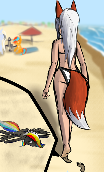 Size: 5000x8236 | Tagged: questionable, artist:skanim-sdw, derpibooru import, oc, oc:atsuko, oc:darky wings, unofficial characters only, pegasus, pony, comic:darky is looking for atsuko, beach, clothes, crush, crushed, dirty, image, kitsune, micro, open mouth, png, sand, stomp, unaware, underfoot, underwear, wings, wings down