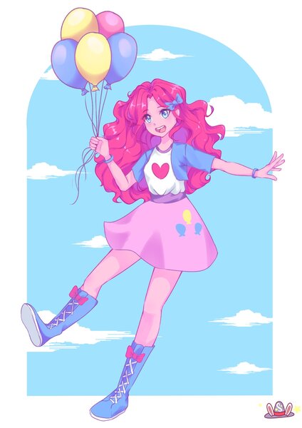 Size: 1448x2048 | Tagged: safe, artist:sharonda1, derpibooru import, pinkie pie, equestria girls, balloon, bow, cloud, cute, diapinkes, female, floating, hair bow, image, jpeg, open mouth, sky, solo, then watch her balloons lift her up to the sky