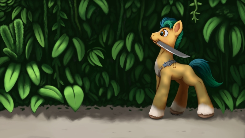 Size: 3840x2160 | Tagged: safe, artist:redquoz, derpibooru import, hitch trailblazer, earth pony, pony, beach, coat markings, digital art, g5, high res, image, jpeg, jungle, machete, male, mouth hold, paintstorm studio, smiling, socks (coat marking), solo, stallion