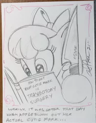 Size: 1602x2048 | Tagged: safe, artist:andypriceart, derpibooru import, apple bloom, pony, andy you magnificent bastard, book, female, filly, ginsu, image, jpeg, knife, traditional art