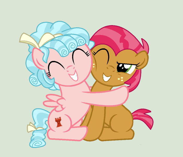 Size: 992x850 | Tagged: safe, artist:brightstar40k, derpibooru import, babs seed, cozy glow, earth pony, pegasus, cheek squish, cheek to cheek, eyes closed, grin, hug, image, one eye closed, png, smiling, squishy cheeks