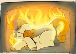 Size: 1216x857 | Tagged: safe, artist:czu, derpibooru import, autumn afternoon, kirin, crossed hooves, eyes closed, fire, fireplace, image, lying down, mundane utility, on fire, png, solo