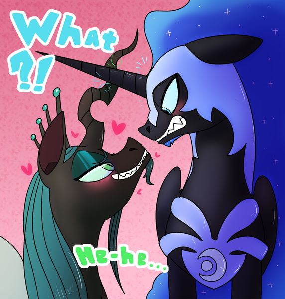 Size: 1250x1311 | Tagged: safe, artist:northernlightsone, derpibooru import, nightmare moon, queen chrysalis, alicorn, changeling, pony, alternate hairstyle, armor, beard, blushing, chrysmoon, commission, darkhorse knight, darkhorsemorphosis, eyeshadow, facial hair, female, floating heart, gay, grin, gritted teeth, heart, helmet, horn, horns are touching, image, jewelry, king metamorphosis, lesbian, looking at each other, makeup, male, png, regalia, rule 63, shipping, smiling, smug, stallion, teasing
