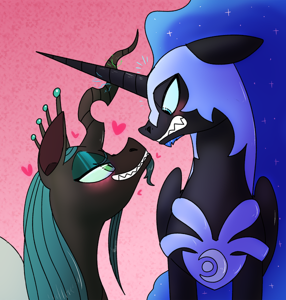 Size: 1250x1311 | Tagged: safe, alternate version, artist:northernlightsone, derpibooru import, nightmare moon, queen chrysalis, alicorn, changeling, pony, alternate hairstyle, armor, beard, blushing, chrysmoon, commission, darkhorse knight, darkhorsemorphosis, eyeshadow, facial hair, female, floating heart, gay, grin, gritted teeth, heart, helmet, horn, horns are touching, image, jewelry, king metamorphosis, lesbian, looking at each other, makeup, male, png, regalia, rule 63, shipping, smiling, smug, stallion, teasing, textless version