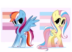 Size: 2673x1931 | Tagged: safe, artist:syrupyyy, derpibooru import, fluttershy, rainbow dash, pegasus, pony, cute, dashabetes, female, image, lesbian pride flag, lgbt, mare, open mouth, png, pride, pride flag, pride ponies, raised hoof, shyabetes, trans female, transgender, transgender pride flag