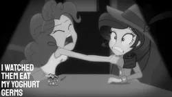 Size: 1280x720 | Tagged: safe, derpibooru import, edit, edited screencap, editor:quoterific, screencap, pinkie pie, rarity, equestria girls, equestria girls series, rarity investigates: the case of the bedazzled boot, black and white, clothes, cutie mark, cutie mark on clothes, duo, duo female, eyes closed, female, geode of sugar bombs, grayscale, hat, image, jewelry, jpeg, magical geodes, monochrome, necklace, open mouth, rarity investigates (eqg): pinkie pie, tanktop