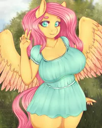 Size: 1437x1800 | Tagged: safe, alternate version, artist:cheezayballz, derpibooru import, fluttershy, anthro, pegasus, pony, big breasts, blouse, breasts, busty fluttershy, female, huge breasts, image, jpeg, mare, peace sign, solo