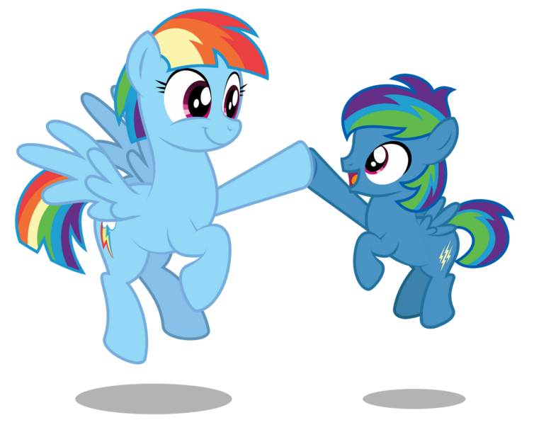 Size: 1600x1274 | Tagged: safe, artist:aleximusprime, derpibooru import, rainbow dash, oc, oc:storm streak, pegasus, flurry heart's story, female, high five, hoofbump, image, male, mother and child, mother and son, mother's day, offspring, older, older rainbow dash, parent:oc:thunderhead, parent:rainbow dash, parents:thunderdash, parent:thunderlane, png