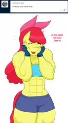 Size: 1184x2144 | Tagged: safe, artist:matchstickman, derpibooru import, apple bloom, anthro, earth pony, pony, tumblr:where the apple blossoms, abs, apple bloom's bow, apple brawn, biceps, blushing, bow, breasts, busty apple bloom, clothes, deltoids, dialogue, eyes closed, female, fingerless gloves, gloves, hair bow, image, mare, matchstickman's apple brawn series, muscles, muscular female, older, older apple bloom, pecs, png, shorts, simple background, solo, talking to viewer, thighs, thunder thighs, tumblr comic, white background