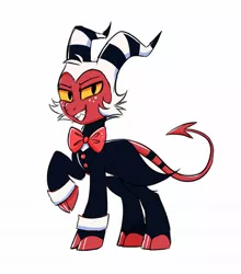 Size: 1477x1680 | Tagged: safe, artist:confetticakez, derpibooru import, ponified, demon, demon pony, original species, pony, bowtie, clothes, cloven hooves, helluva boss, image, jpeg, moxxie, solo, tuxedo