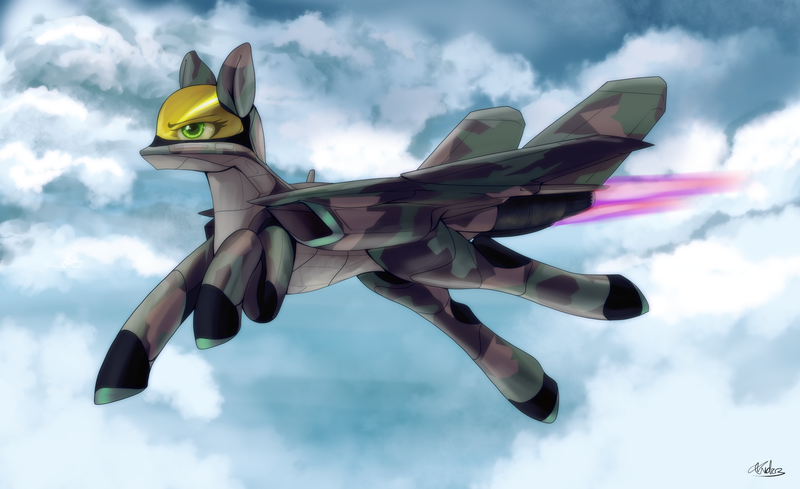 Size: 2500x1528 | Tagged: safe, artist:andromailus, oc, unofficial characters only, original species, plane pony, pony, afterburner, chimera (aircraft), cloud, female, flying, green eyes, image, plane, png, signature, sky, solo