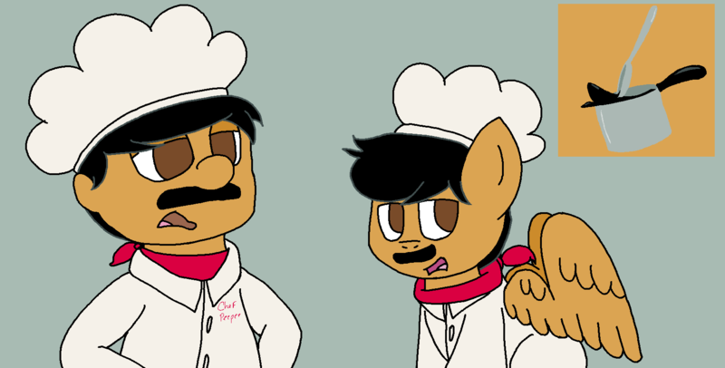 Size: 1694x860 | Tagged: safe, artist:kittycatsun, derpibooru import, ponified, human, pegasus, pony, bandana, chef, chef pee pee, chef's hat, cooking pot, hat, image, png, spoon, supermariologan