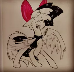 Size: 1080x1058 | Tagged: safe, artist:sakura_doujinshi_sd, derpibooru import, songbird serenade, pegasus, pony, my little pony: the movie, bow, clothes, female, hair bow, hair over eyes, image, jpeg, mare, raised hoof, traditional art