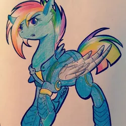 Size: 1080x1080 | Tagged: safe, alternate version, artist:sakura_doujinshi_sd, derpibooru import, rainbow dash, pegasus, pony, alternate timeline, amputee, apocalypse dash, armor, artificial wings, augmented, colored, crystal war timeline, female, image, jpeg, mare, prosthetic limb, prosthetic wing, prosthetics, solo, torn ear, traditional art, wings