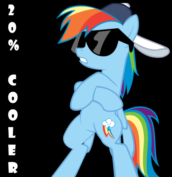 Size: 4536x4672 | Tagged: safe, artist:cryocubed, artist:twilyisbestpone, derpibooru import, rainbow dash, pegasus, pony, 20% cooler, absurd resolution, backwards ballcap, baseball cap, bipedal, black background, cap, crossed hooves, derpibooru exclusive, female, hat, image, mare, png, radical, simple background, solo, standing, sunglasses, vector