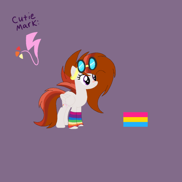 Size: 965x965 | Tagged: safe, artist:circuspaparazzi5678, derpibooru import, oc, oc:dusky blitz, pegasus, pony, bandaid, base used, base:selenaede, clothes, duskyverse, goggles, image, pansexual, pansexual pride flag, parent:breanna, parent:rainbow dash, png, pride, pride flag, rainbow socks, socks, solo, striped socks