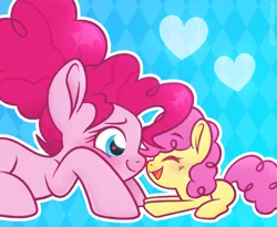 Size: 1990x1632 | Tagged: safe, artist:ninnydraws, derpibooru import, li'l cheese, pinkie pie, earth pony, pony, the last problem, boop, colt, cute, diapinkes, female, happy, heart, heart eyes, image, jpeg, li'l cuteese, male, mother and child, mother and son, noseboop, older, older pinkie pie, open mouth, simple background, smiling, wingding eyes