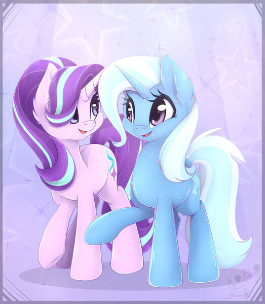 Size: 1280x1468 | Tagged: safe, artist:bloody-pink, derpibooru import, starlight glimmer, trixie, pony, unicorn, duo, duo female, female, image, jpeg, looking at each other, raised hoof, smiling