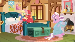 Size: 1920x1080 | Tagged: safe, anonymous artist, derpibooru import, big macintosh, fluttershy, nurse sweetheart, oc, oc:sour apple, earth pony, pegasus, pony, series:fm holidays, alternate hairstyle, baby, baby pony, bags under eyes, clothes, facial hair, family, female, filly, fluttermac, fluttershy's bedroom, fluttershy's cottage, gloves, image, lineless, male, mare, messy mane, midwife, mother's day, moustache, newborn, no pupils, offspring, older, parent:big macintosh, parent:fluttershy, parents:fluttermac, png, rubber gloves, shipping, stallion, straight, sunset, swaddling, sweat, tired eyes, vinyl gloves