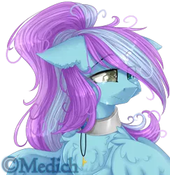 Size: 1842x1897 | Tagged: safe, artist:mediasmile666, derpibooru import, oc, unofficial characters only, pegasus, pony, bust, chest fluff, collar, female, floppy ears, heterochromia, image, mare, png, sad, simple background, solo, transparent background, wavy mouth