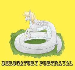 Size: 1150x1070 | Tagged: safe, artist:tilling-tan, derpy hooves, lamia, original species, derogatory portrayal, don't tread on me, drawthread, forked tongue, image, lamiafied, png, simple background, slit pupils, solo, species swap, wings, yellow background