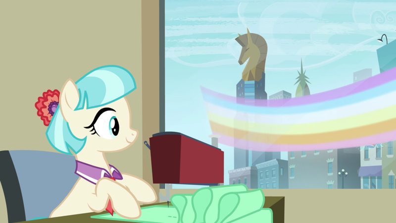 Size: 1920x1080 | Tagged: safe, derpibooru import, screencap, coco pommel, earth pony, pony, twilight's kingdom, crystaller building, female, image, let the rainbow remind you, mare, png, rainbow, sewing, solo