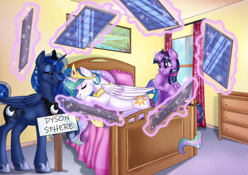 Size: 3541x2508 | Tagged: safe, artist:ali-selle, derpibooru import, princess celestia, princess luna, twilight sparkle, alicorn, commission, dyson sphere, female, funny, giggling, illustration, image, jpeg, magic, prank, princess, royal sisters, royalty, siblings, sisters, sleeping, smiley face, solar panel, twilight sparkle (alicorn)