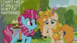 Size: 1280x720 | Tagged: safe, derpibooru import, edit, edited screencap, editor:quoterific, screencap, cup cake, pear butter, earth pony, pony, the perfect pear, cake, chiffon swirl, duo, duo female, female, food, image, jpeg, mare, wavy mouth, younger