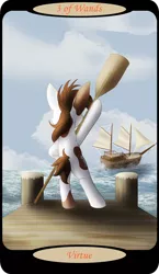Size: 1500x2591 | Tagged: safe, artist:sixes&sevens, derpibooru import, pipsqueak, earth pony, bipedal, bipedal leaning, facing away, image, leaning, male, minor arcana, oar, ocean, older, older pipsqueak, pier, png, ship, solo, tarot card, three of wands