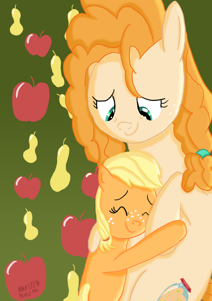 Size: 2480x3508 | Tagged: safe, artist:mrkat7214, derpibooru import, applejack, pear butter, earth pony, pony, apple, blank flank, duo, female, filly, filly applejack, food, hug, image, mare, mother and child, mother and daughter, mother's day, obligatory apple, pear, png, smiling, younger