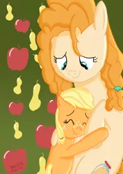 Size: 2480x3508 | Tagged: safe, artist:mrkat7214, derpibooru import, applejack, pear butter, earth pony, pony, apple, blank flank, duo, female, filly, filly applejack, food, hug, image, mare, mother and child, mother and daughter, mother's day, obligatory apple, pear, png, smiling, younger