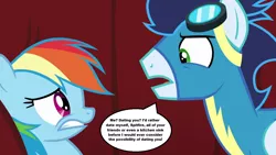 Size: 1280x720 | Tagged: safe, derpibooru import, screencap, rainbow dash, soarin', pegasus, pony, rarity investigates, abuse, anti-shipping, clothes, dashabuse, dumped, eye contact, female, image, looking at each other, male, mare, op is a duck, op is trying to start shit, op is trying to start shit so badly that it's kinda funny, op is trying too hard, png, rejection, shipping, shipping denied, soarindash, speech bubble, stallion, straight, text, uniform, wonderbolts uniform