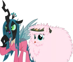 Size: 7942x6772 | Tagged: safe, artist:anime-equestria, derpibooru import, queen chrysalis, oc, oc:fluffle puff, changeling, changeling queen, pony, ajay ghale, clothes, crossover, duo, fangs, far cry 4, female, headband, image, mare, pagan min, png, simple background, smiling, suit, tongue out, transparent background, vector, wings