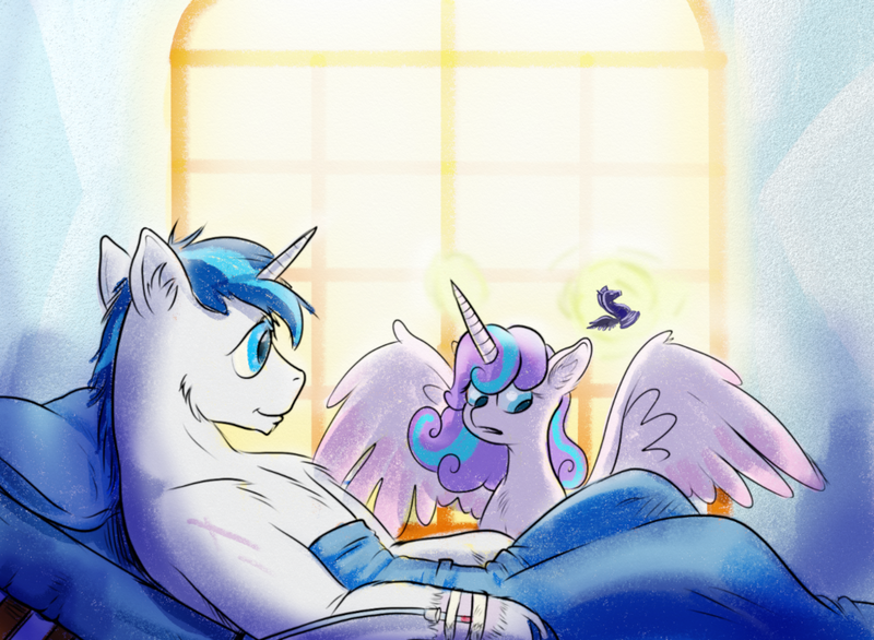 Size: 1000x732 | Tagged: safe, artist:capt_hairball, derpibooru import, princess flurry heart, shining armor, alicorn, pony, unicorn, bed, chess, cute, father and child, father and daughter, female, flurrybetes, image, injured, male, png, window