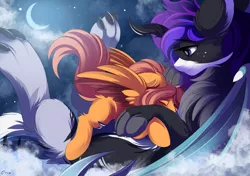 Size: 3833x2695 | Tagged: safe, artist:conrie, derpibooru import, draconequus, pegasus, artist error, claws, cloud, cuddle on the tummy, floppy ears, head pat, image, lying down, moon, night, on a cloud, on back, pat, paws, png, size difference, spread wings, wings