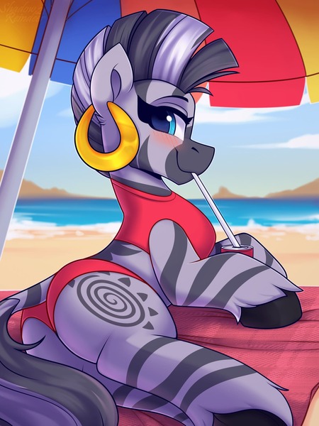 Size: 1500x2000 | Tagged: safe, artist:shadowreindeer, derpibooru import, zecora, pony, beach, beach towel, blushing, clothes, commission, drinking, ear piercing, female, image, jpeg, outdoors, piercing, red underwear, solo, solo female, towel, underwear, your character here