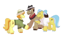 Size: 1280x732 | Tagged: safe, artist:itstechtock, derpibooru import, biff, doctor fauna, teddie safari, pony, daring do costume, henchmen, image, png, simple background, transparent background