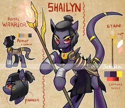 Size: 1280x1107 | Tagged: safe, artist:artblogjekeita, artist:jekeita, derpibooru import, oc, oc:shailyn, unofficial characters only, original species, armor, female, image, jpeg, reference sheet, spear, weapon