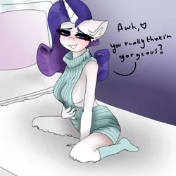 Size: 768x768 | Tagged: suggestive, artist:moodi, derpibooru import, rarity, anthro, unicorn, backless, beautiful, bed, clothes, eyebrows, image, on bed, open-back sweater, png, sexy, sleeveless, sleeveless sweater, solo, stupid sexy rarity, sweater, talking to viewer, virgin killer sweater