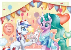 Size: 900x637 | Tagged: safe, artist:avui, derpibooru import, mistmane, oc, oc:britannia, oc:britannia (uk ponycon), pony, biscuits, flag, food, image, jpeg, party, streamers, tea, ukponycon