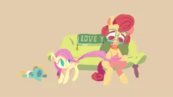 Size: 1400x788 | Tagged: safe, artist:drtuo4, derpibooru import, fluttershy, posey shy, zephyr breeze, pegasus, pony, abstract background, baby, colt, colt zephyr breeze, couch, eyes closed, female, filly, filly fluttershy, glasses, image, jpeg, male, mother and child, mother and daughter, mother's day, mouth hold, open mouth, simple background, sitting, younger