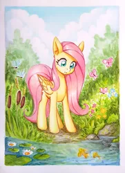 Size: 600x830 | Tagged: safe, artist:asimos, derpibooru import, fluttershy, butterfly, fish, insect, pegasus, pony, female, image, jpeg, lilypad, mare, markers, scenery, solo, traditional art, water