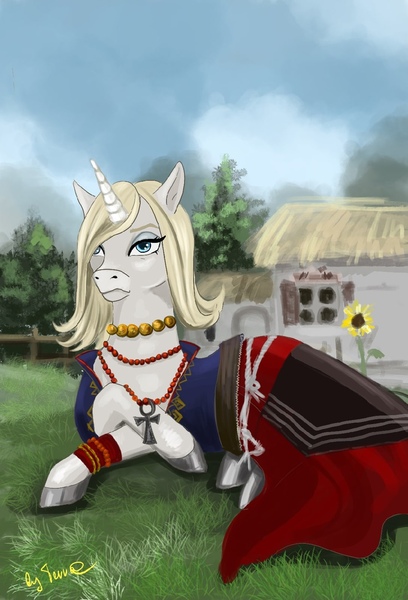 Size: 734x1080 | Tagged: safe, artist:terr@koterr@, derpibooru import, unicorn, art pack:the lodge of sorceresses, amulet, beads, clothes, dress, flower, image, jewelry, jpeg, keira metz, looking at you, scenery, sunflower, the witcher, the witcher 3, village